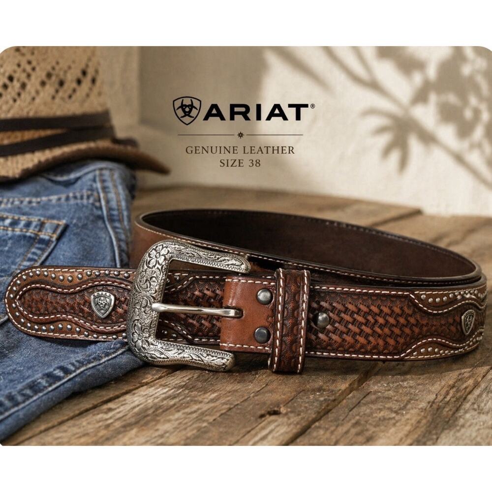 Ariat Size 38 Leather Tool Brown Western Basket Weave Engraved Buckle Belt